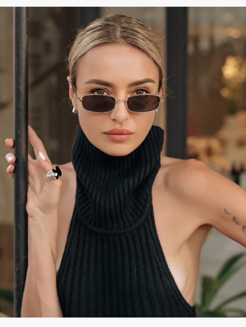 Gold Frame Black Lens Slim Rectangle Sunglasses - Sojos Fashion Glasses
